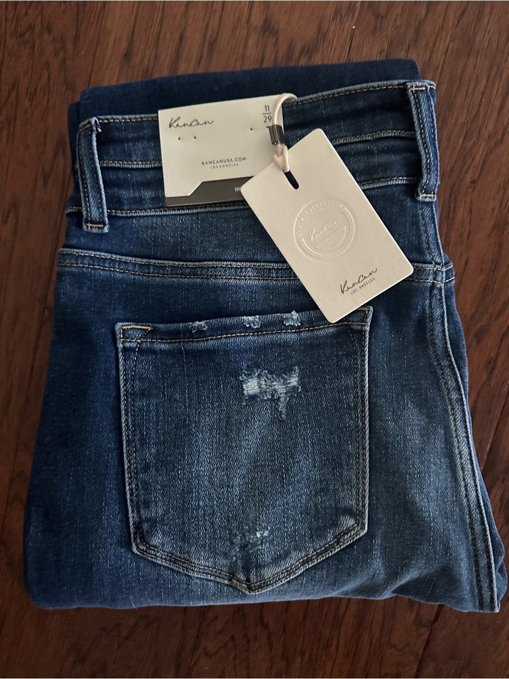 KanCan Women's Dark Blue Boot Cut Jeans with Light Distress